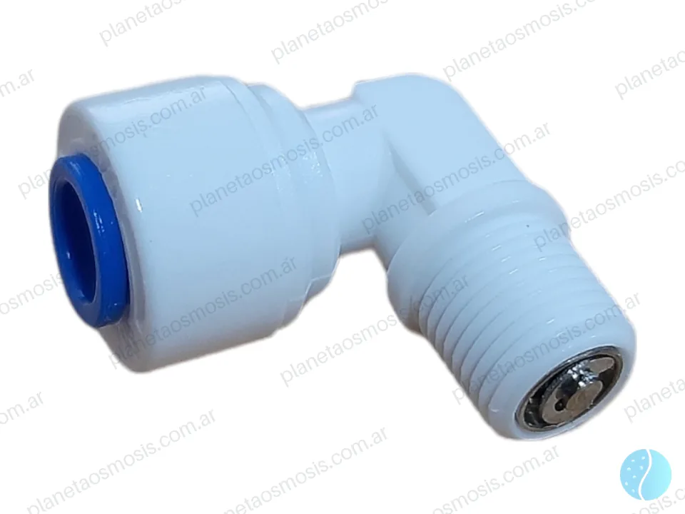 Conector L 1/4 manguera - 1/8 rosca con válvula de retención