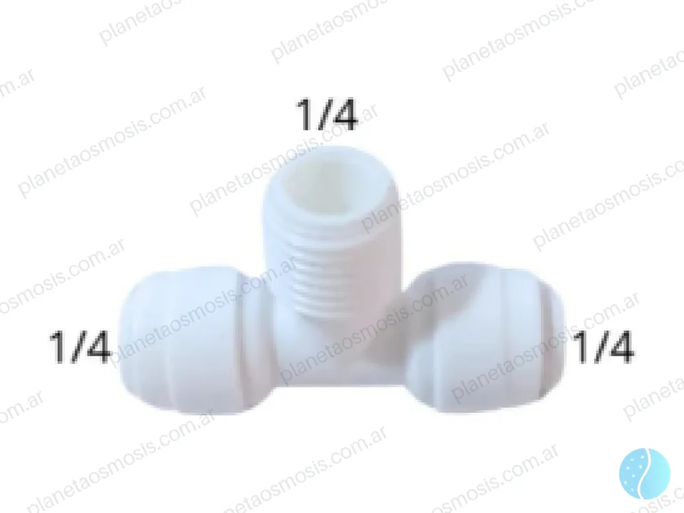 Conector T 1/4 - 1/4 manguera - 1/4 rosca M base