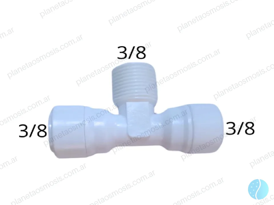 Conector T 3/8 - 3/8 manguera - 3/8 rosca M base