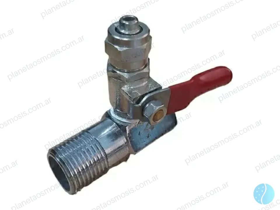 Conector T metal 1/2 rosca H - 1/2 rosca M - 1/4 rosca M + llave de paso 3/8 metal (roja)