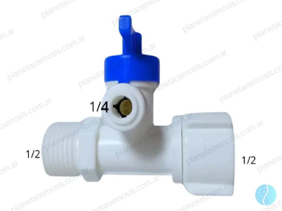 Llave de paso plástica 1/2 rosca H - 1/2 rosca M - 1/4 manguera